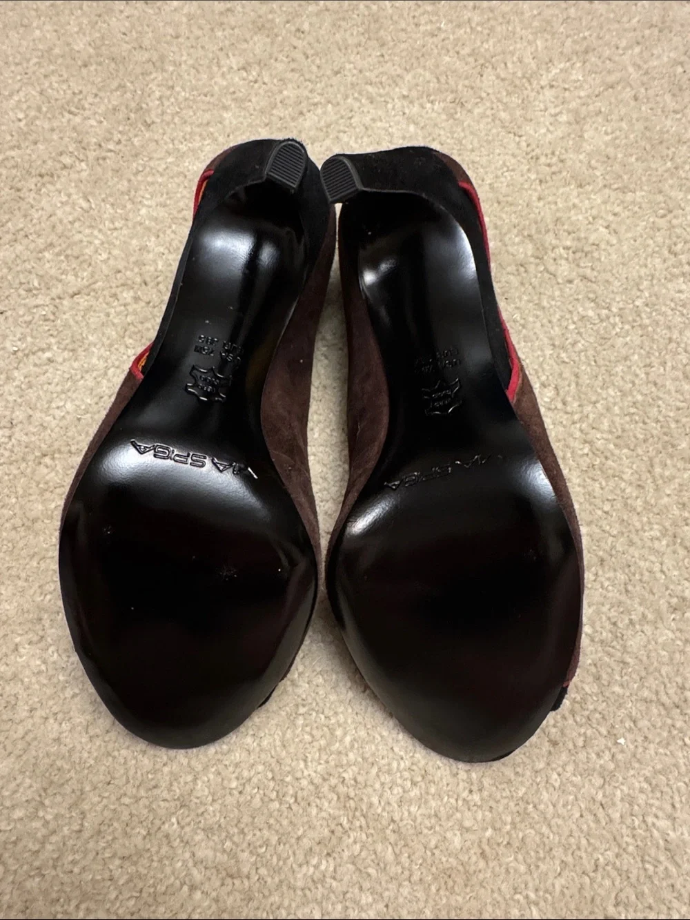 Via Spiga Brown Suede Peep Toe Heels with Red Accent